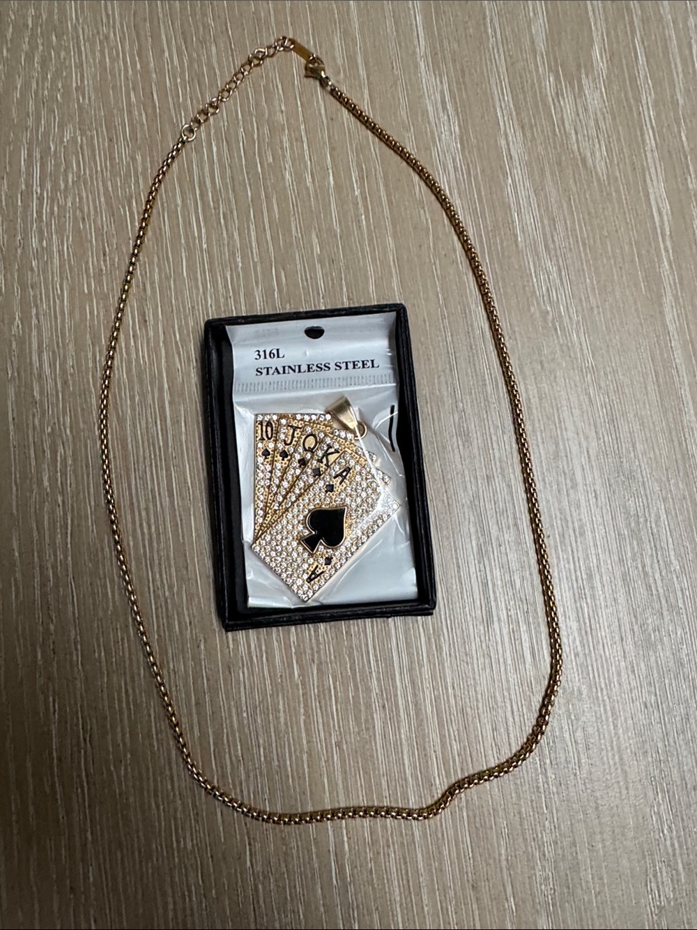 2” Men’s Rhinestone Playing Card Pendant - Gold Tone with Spade Royal Flush